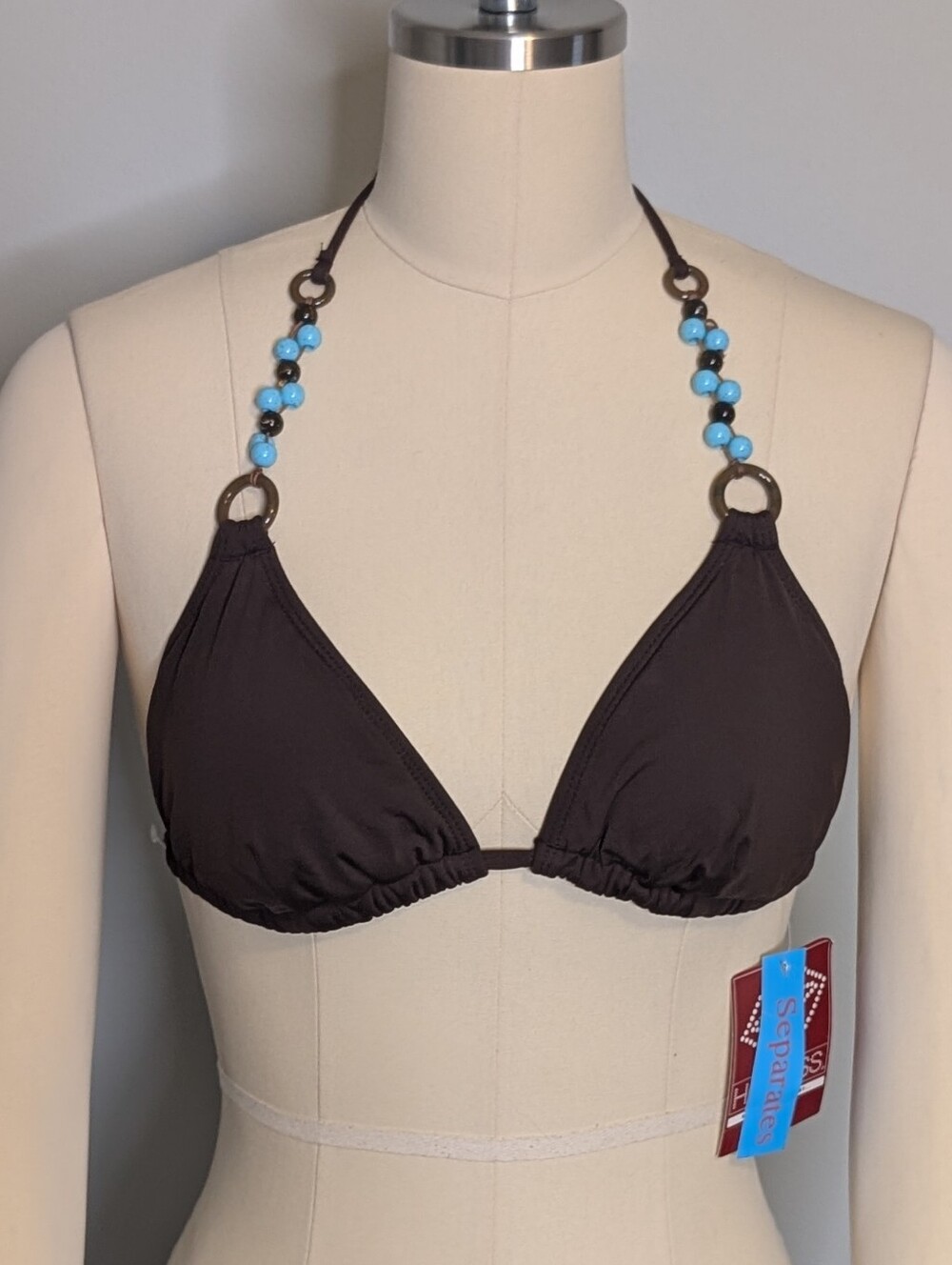 Hot Kiss Y2K Brown Triangle Bikini Top with Turquoise Bead Accents Size Medium - Picture 1 of 7